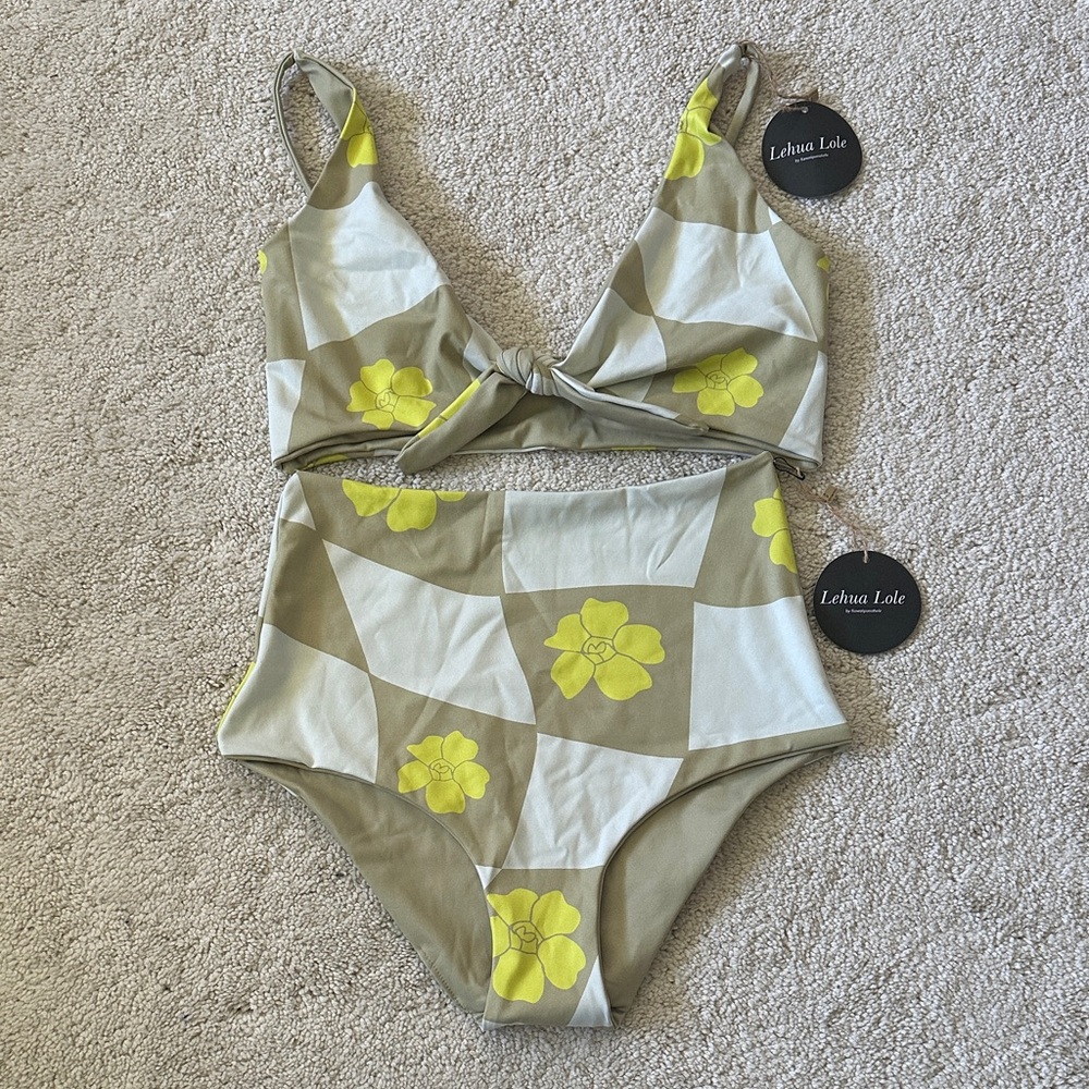 Lehua Lole Floral Check High-Waist Bikini - Olive & Yellow